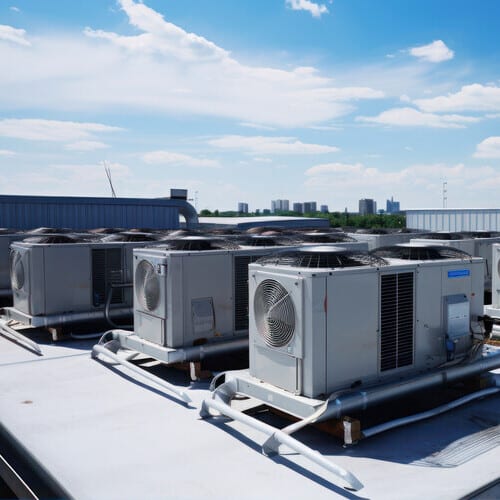 Air conditioners on the roof of the building in a sunny day